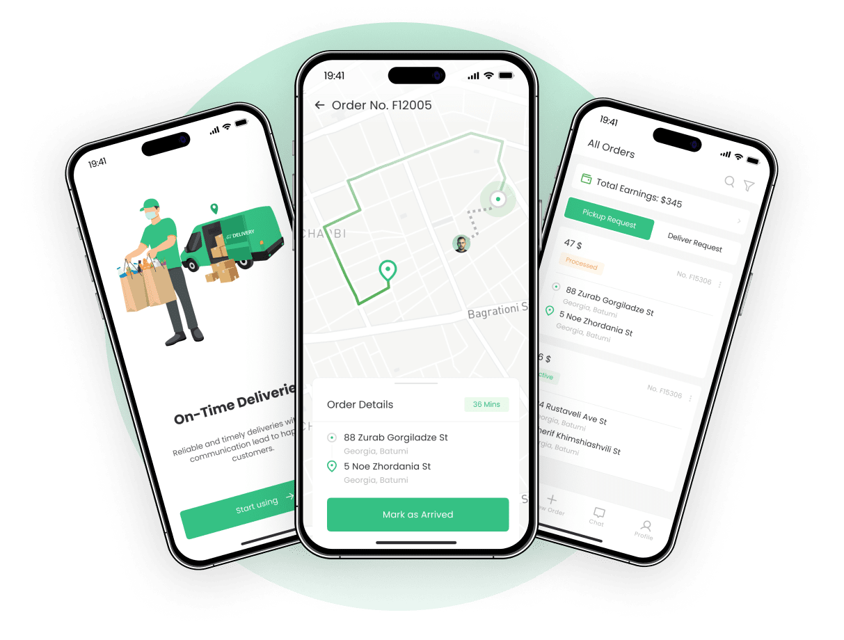 Tookan driver and agent app phone mockups