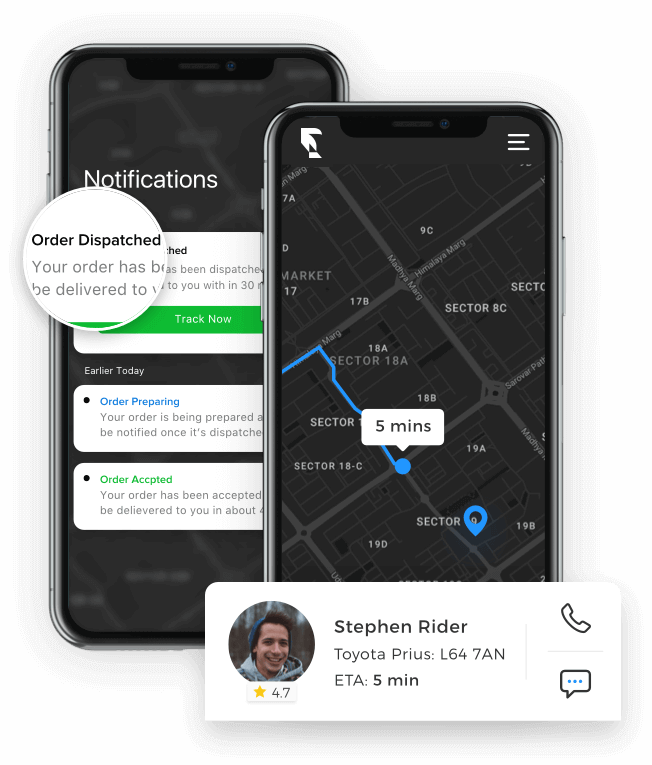 Phone Mockups — Notifications & Live Rider Map